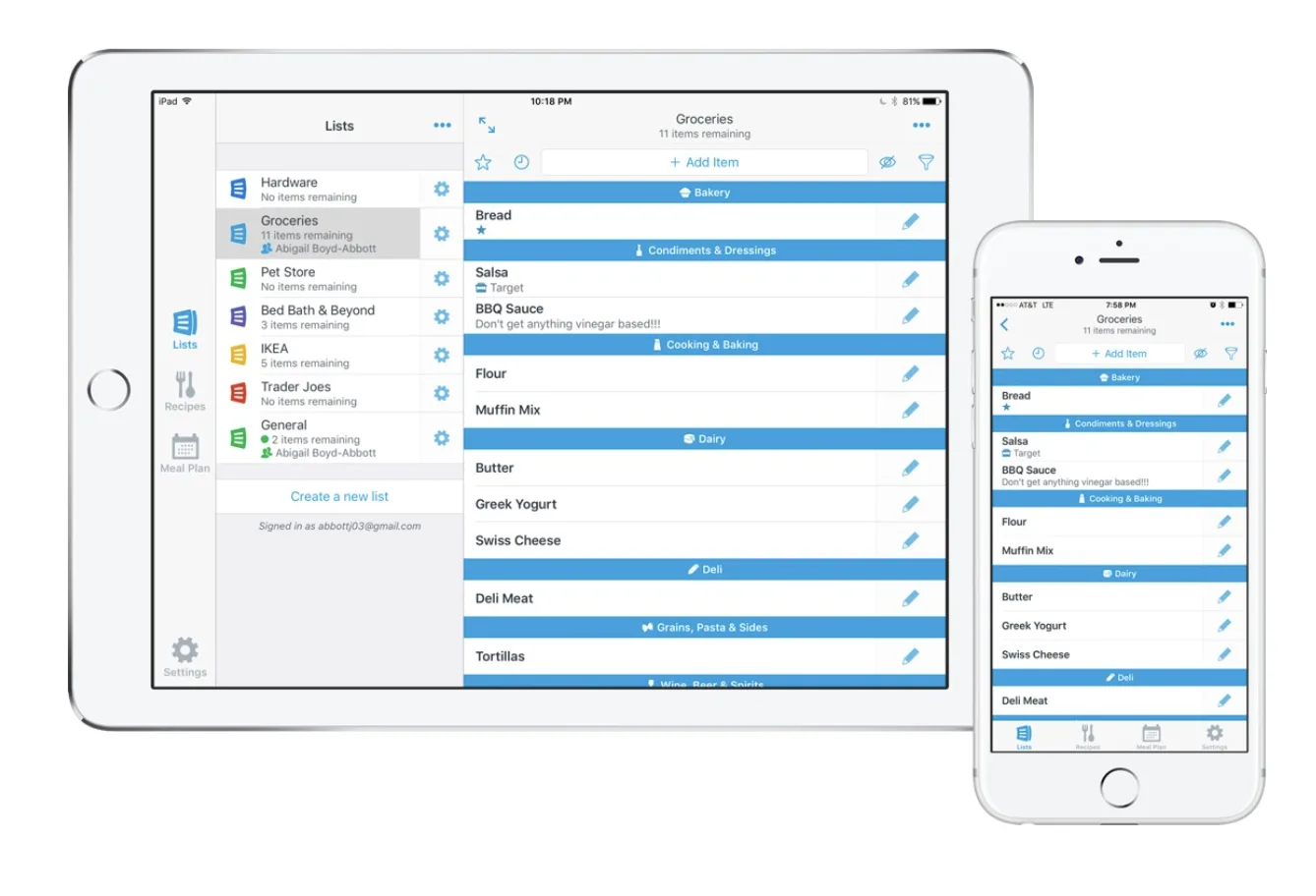 AnyList — shared grocery list with real-time sync and automatic item categorization