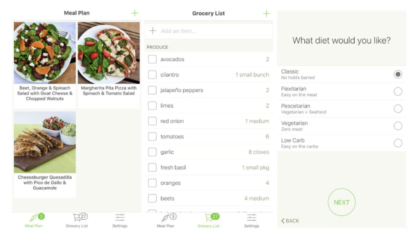 Mealime — weekly meal plan selection with dietary filters and auto-generated grocery list