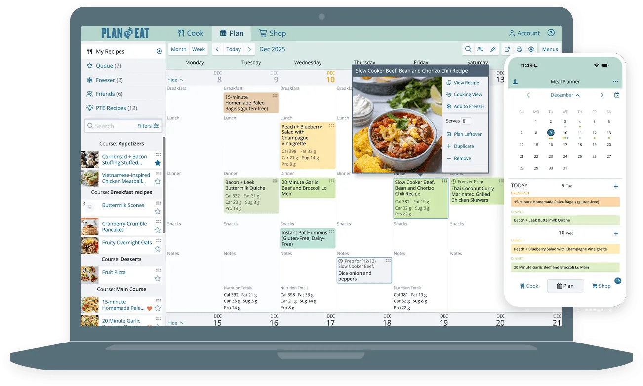 Plan to Eat — drag-and-drop meal planning calendar with recipe sidebar and grocery list
