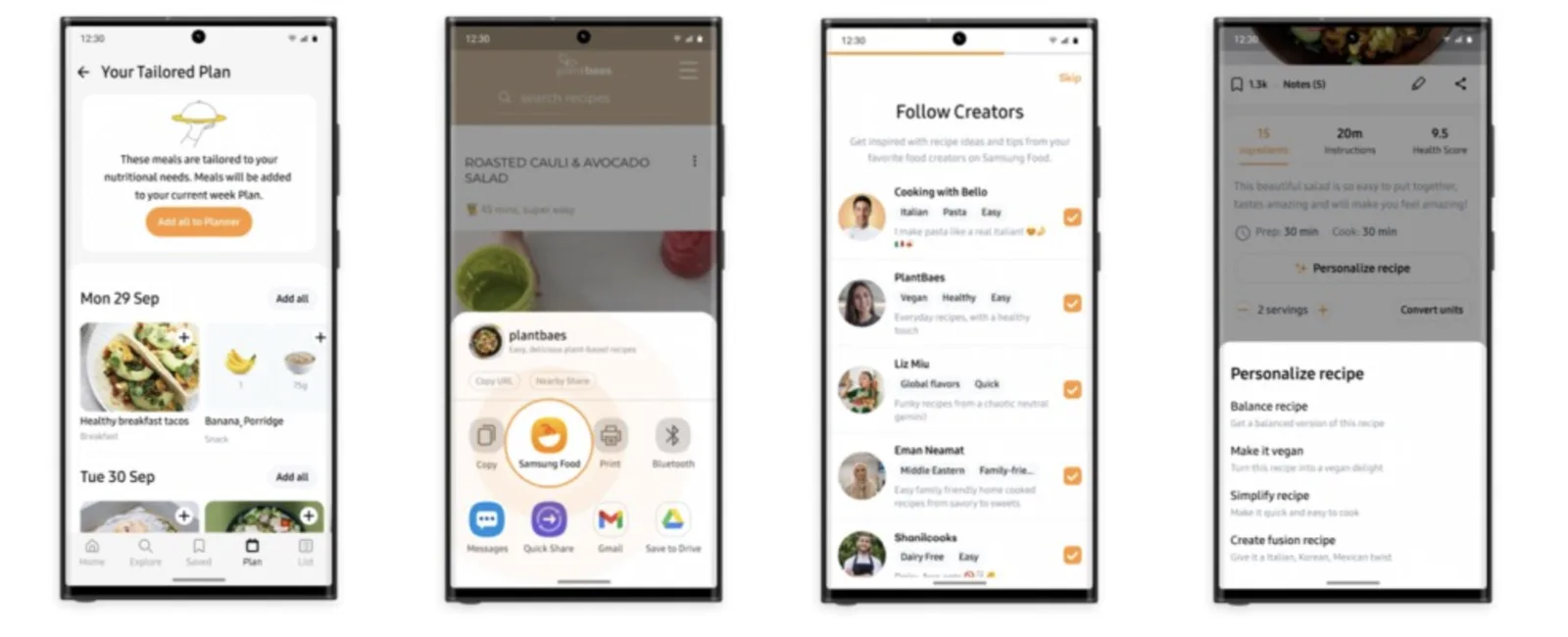Samsung Food — recipe discovery feed with meal planning and grocery list generation