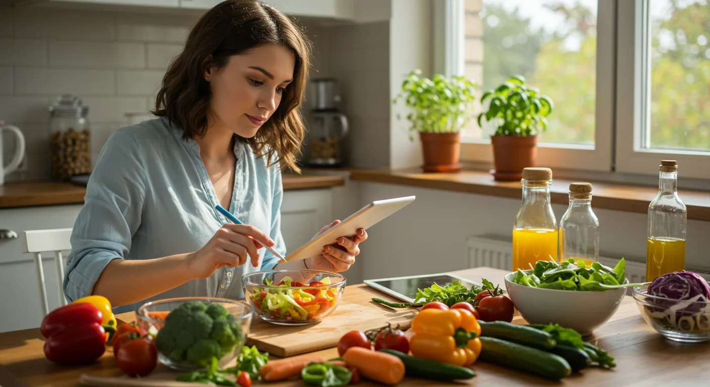 Young woman adding notes to her digital meal planner while prepping fresh salads at a kitchen table.