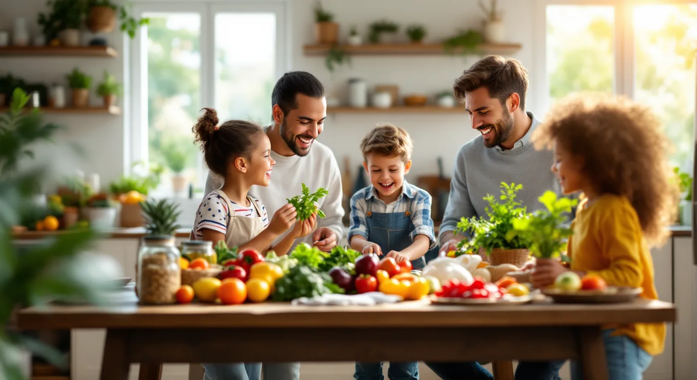 A family happily organizing ingredients from their fridge and pantry at a kitchen table.