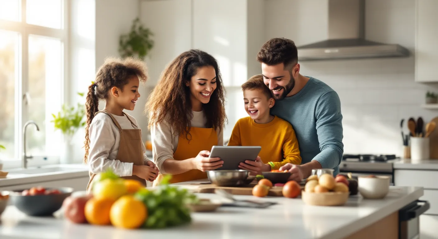 A happy family cooking together in a bright kitchen, laughing and looking at a digital meal planner.