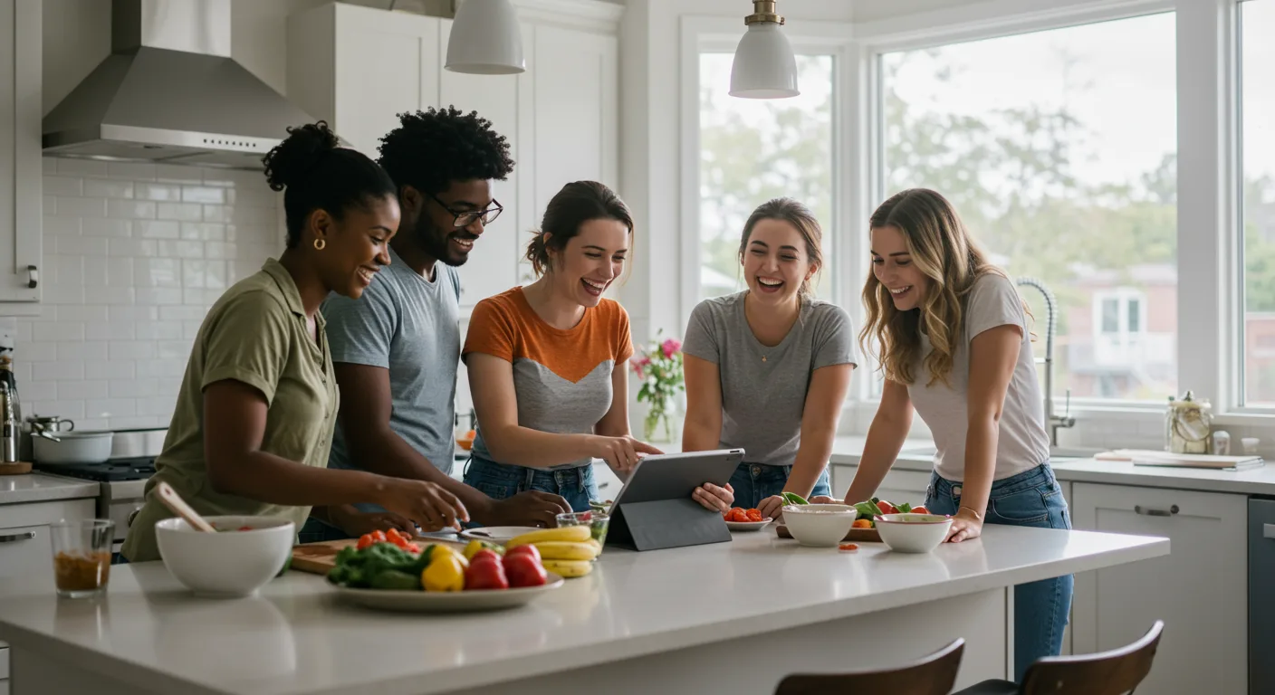 A group of friends cooking together in a kitchen while checking a shared meal plan on a tablet.