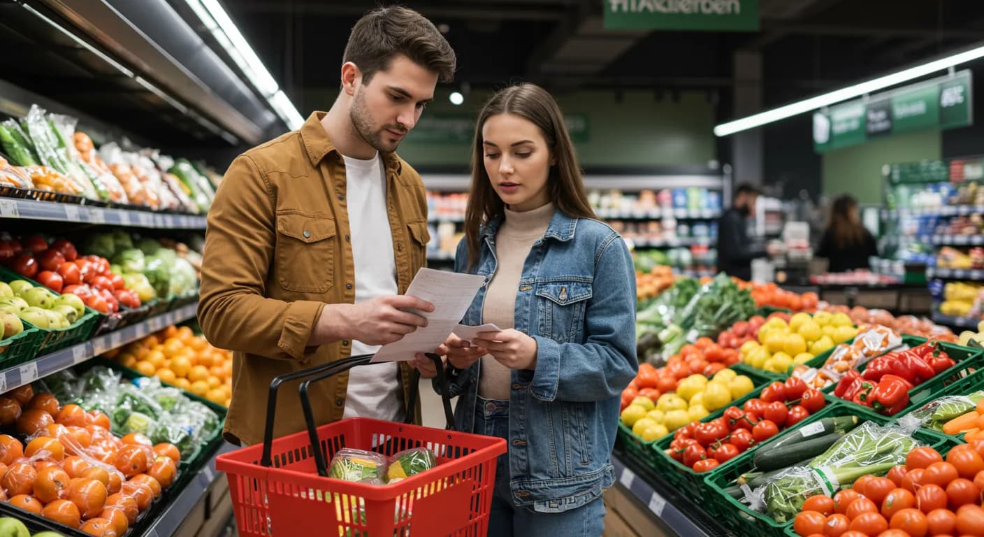 Busy couple checking their shopping list together in a grocery store aisle, choosing fresh produce for the week.
