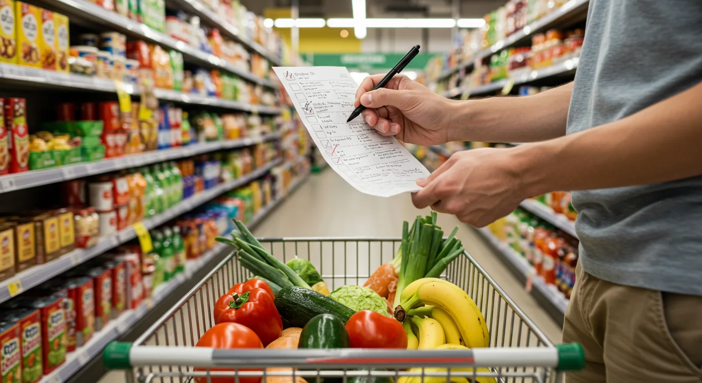 Someone checking off items on a detailed grocery list in the store, with organized aisles in the background.