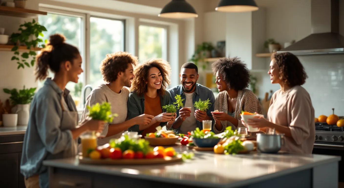 A group of friends brainstorming meal ideas with ingredients in hand, laughing in the kitchen.