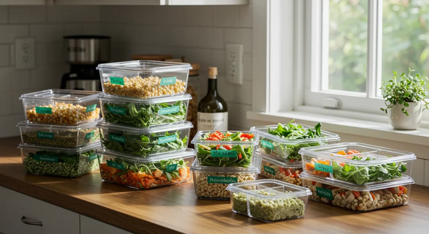 Organized kitchen counter with labeled meal prep containers filled with colorful, healthy meals and fresh greens.