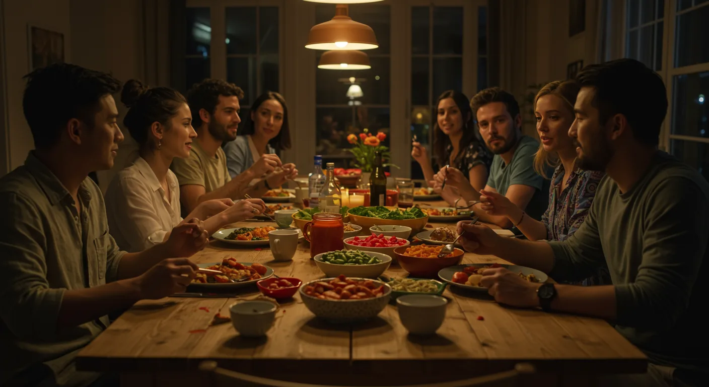 Friends and family enjoying a colorful, home-cooked dinner together around a large dining table, sharing laughter and food.