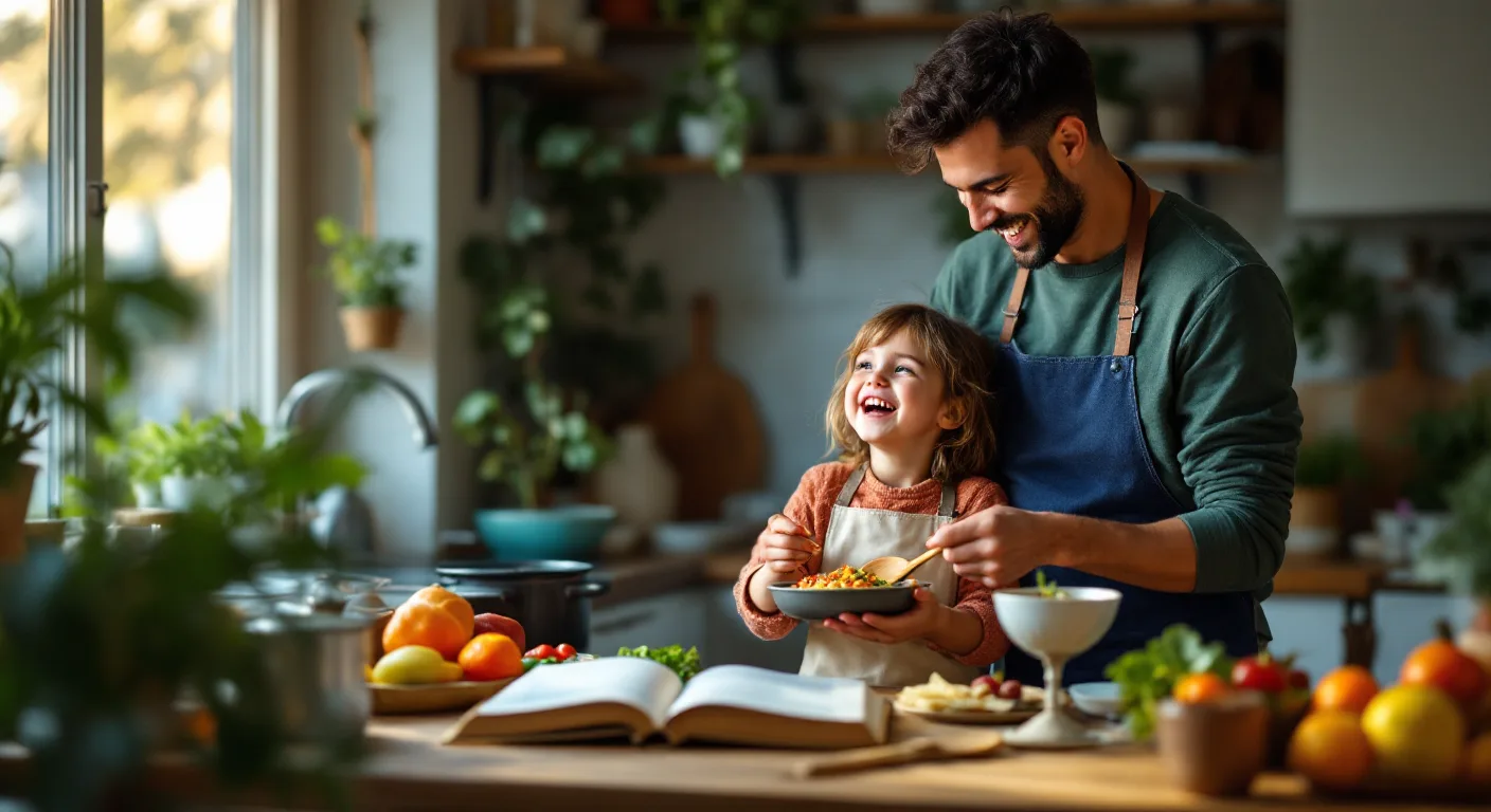 A parent and child preparing dinner together while following a recipe on a tablet.