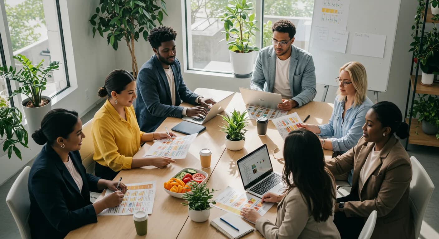 A group of nutrition professionals in a bright office, collaborating and sharing client meal plans on laptops and printed charts.