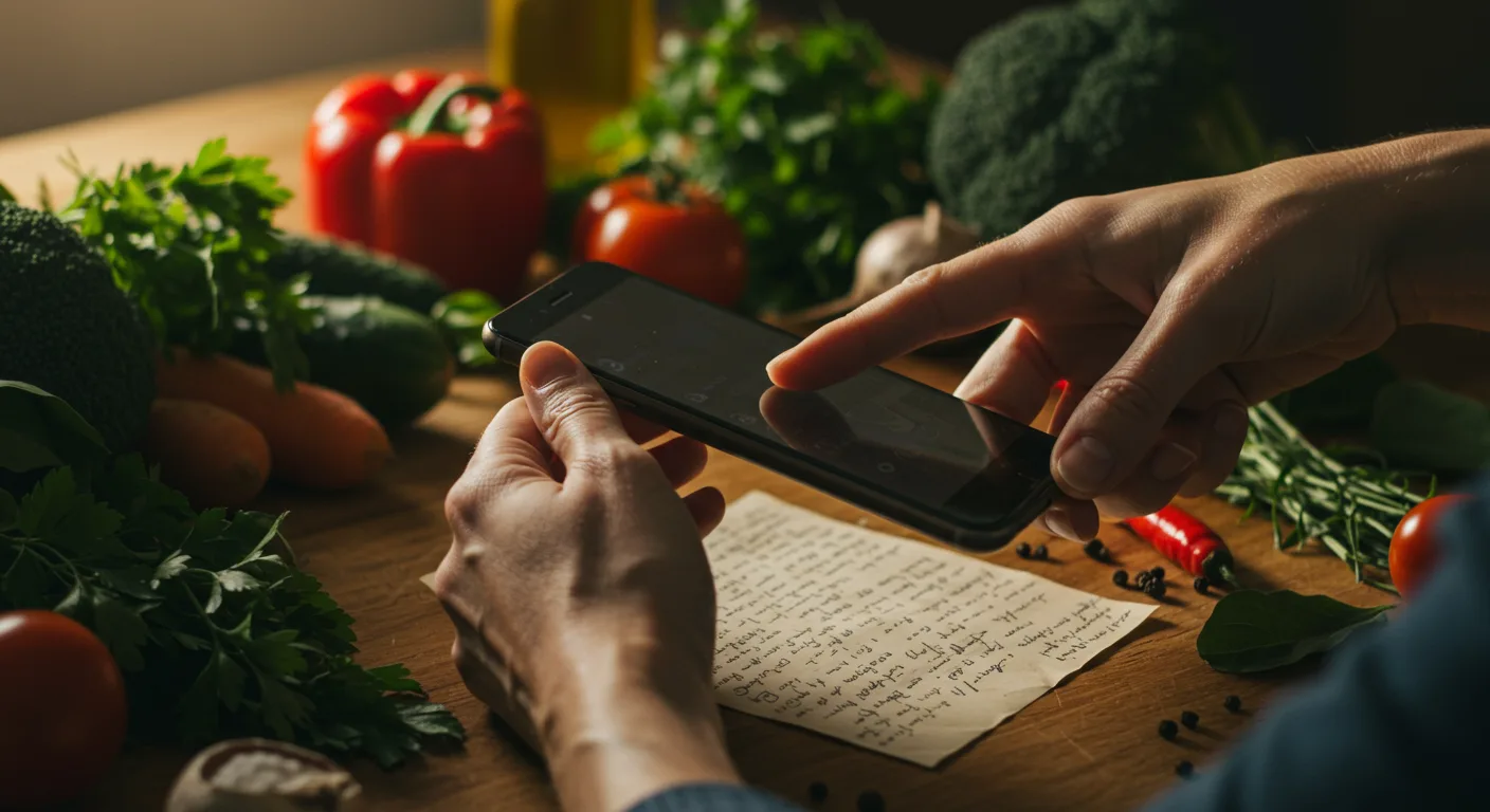 Close-up of hands scanning a handwritten recipe card with a smartphone, surrounded by fresh ingredients.