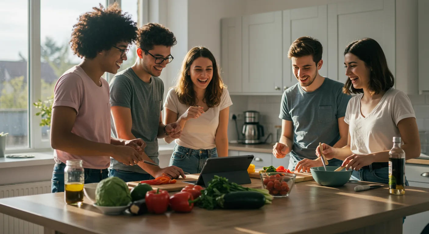 Friends cooking together in a bright kitchen, following recipes from a digital tablet.