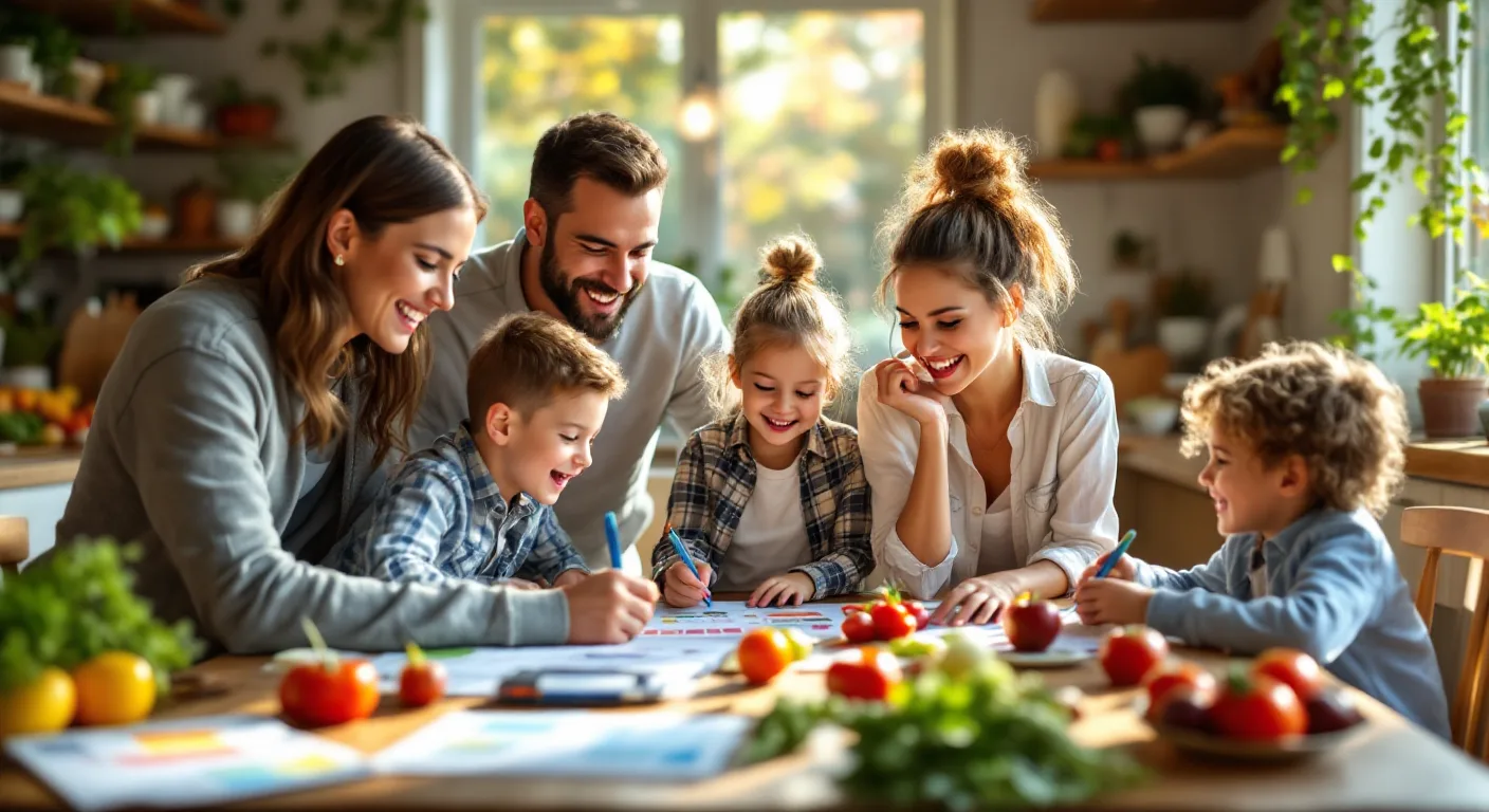 A family happily planning a week's meals together at the kitchen table with colorful meal calendars and smiling faces.