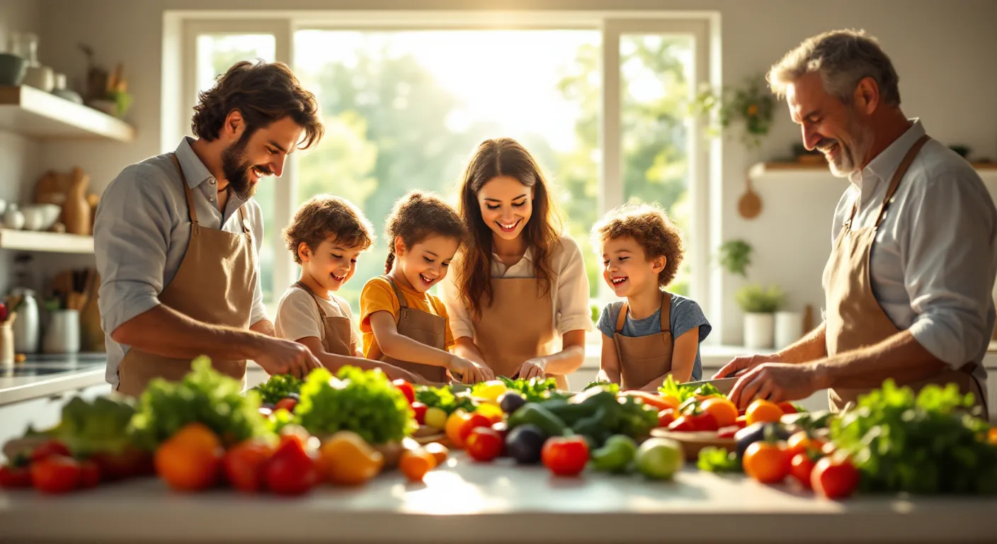 Happy family preparing vegetables together in a bright kitchen, smiling and collaborating on meal prep.