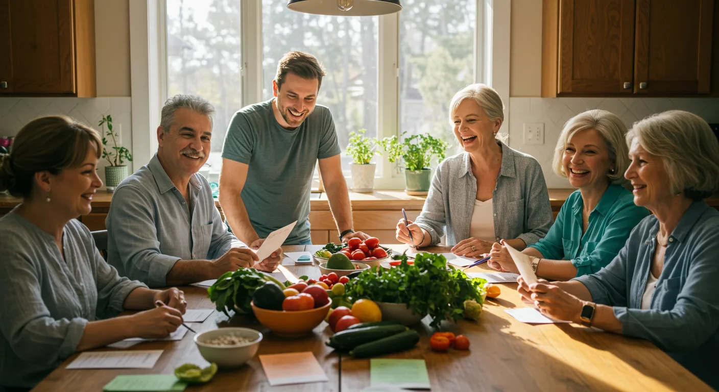 A family gathered around the kitchen table planning meals together with recipe cards and fresh ingredients.