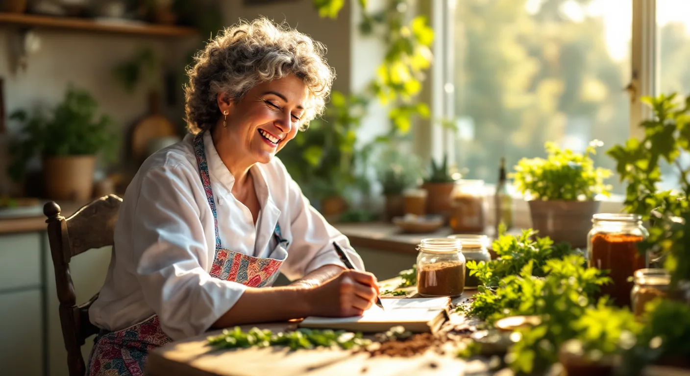 A cheerful cook jotting down a recipe idea while looking at a collection of herbs and spices.