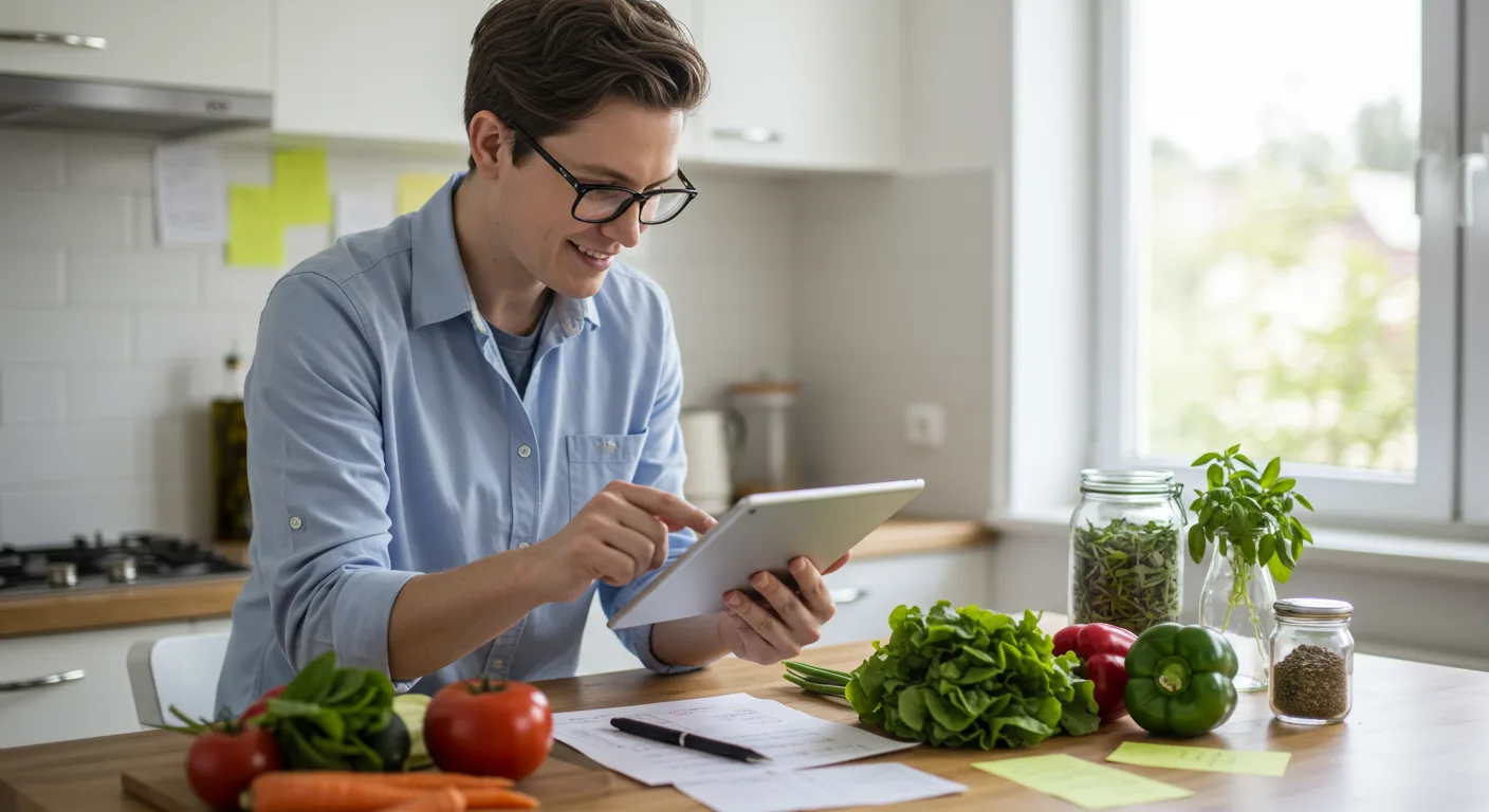A professional nutritionist reviewing digital meal plans on a tablet surrounded by fresh vegetables and recipe notes.