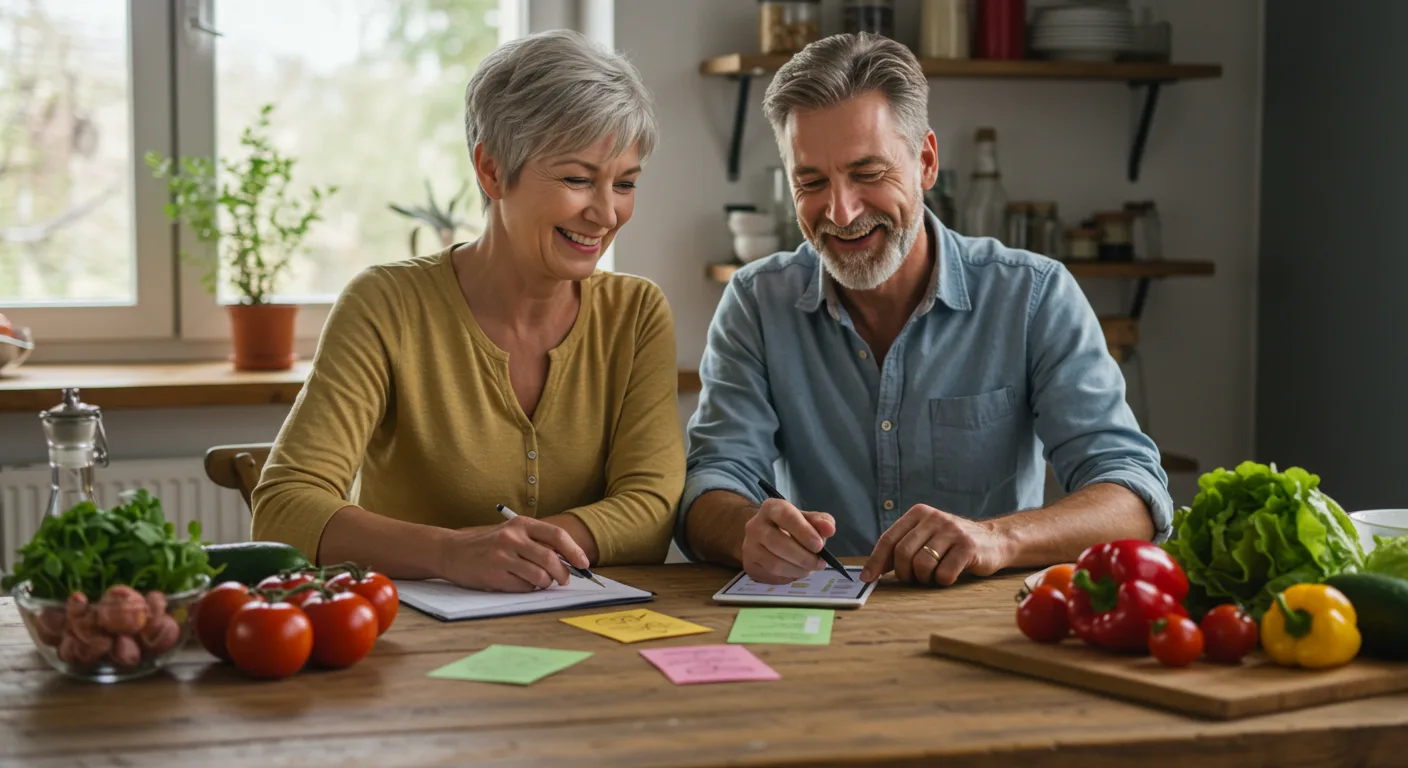 A cheerful couple planning meals together at a kitchen table, surrounded by recipe cards, produce, and a digital device displaying a recipe.