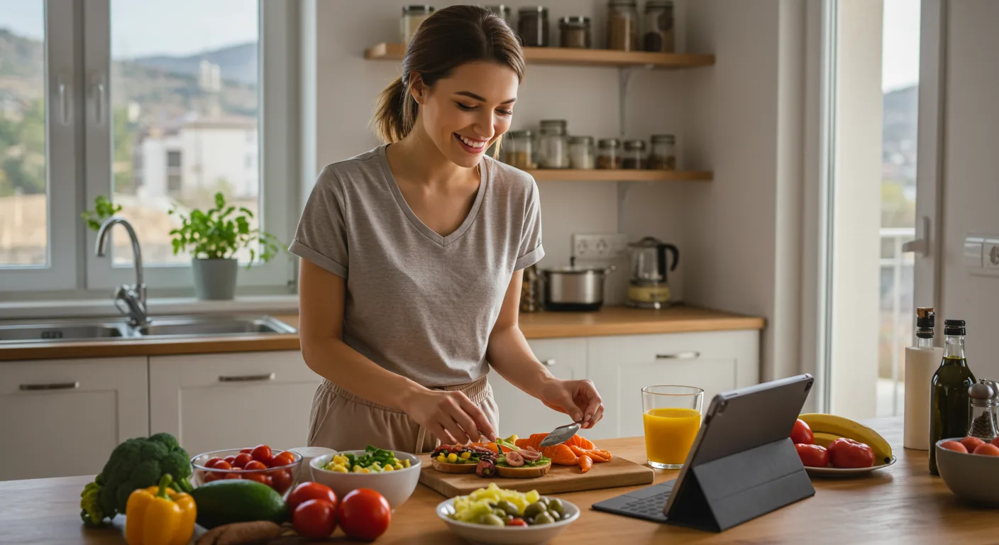 A smiling client at home preparing a healthy meal using a digital meal plan, enjoying the cooking process and looking satisfied.
