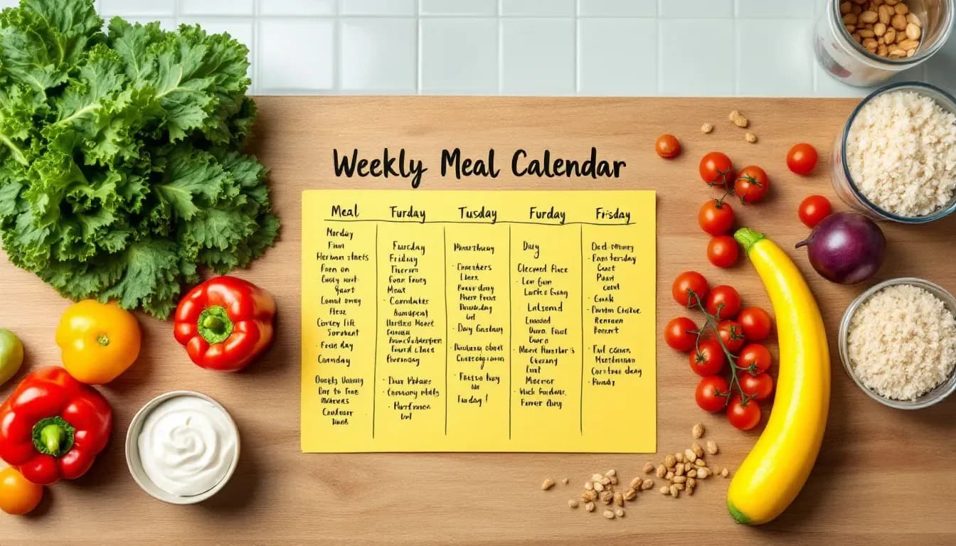 A colorful weekly meal planner is displayed on a kitchen counter, surrounded by various fresh ingredients such as vegetables and fruits, suggesting an organized approach to meal planning for breakfast, lunch, and dinner. This setup encourages efficient grocery shopping and helps families create a budget-friendly menu for the week.