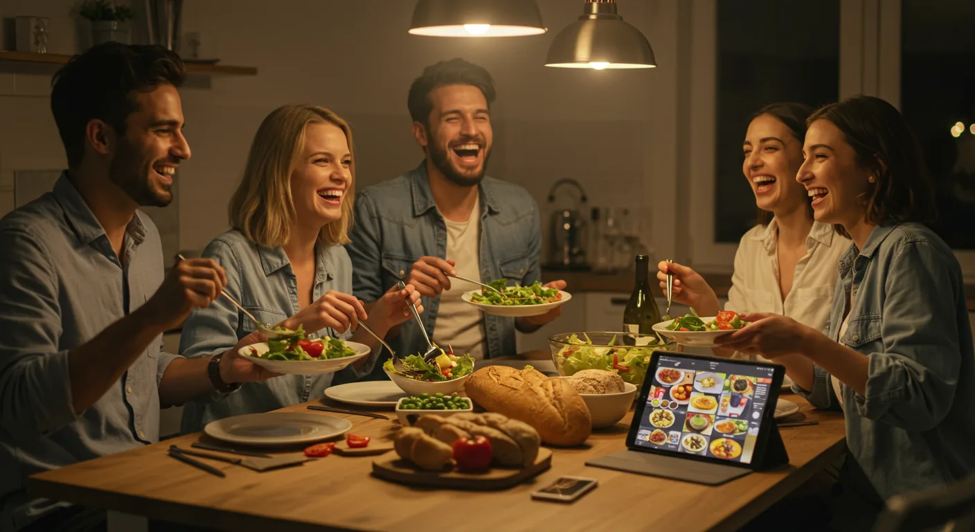 A group of friends laughing and serving homemade food at a dinner table, with a digital tablet displaying a recipe nearby.
