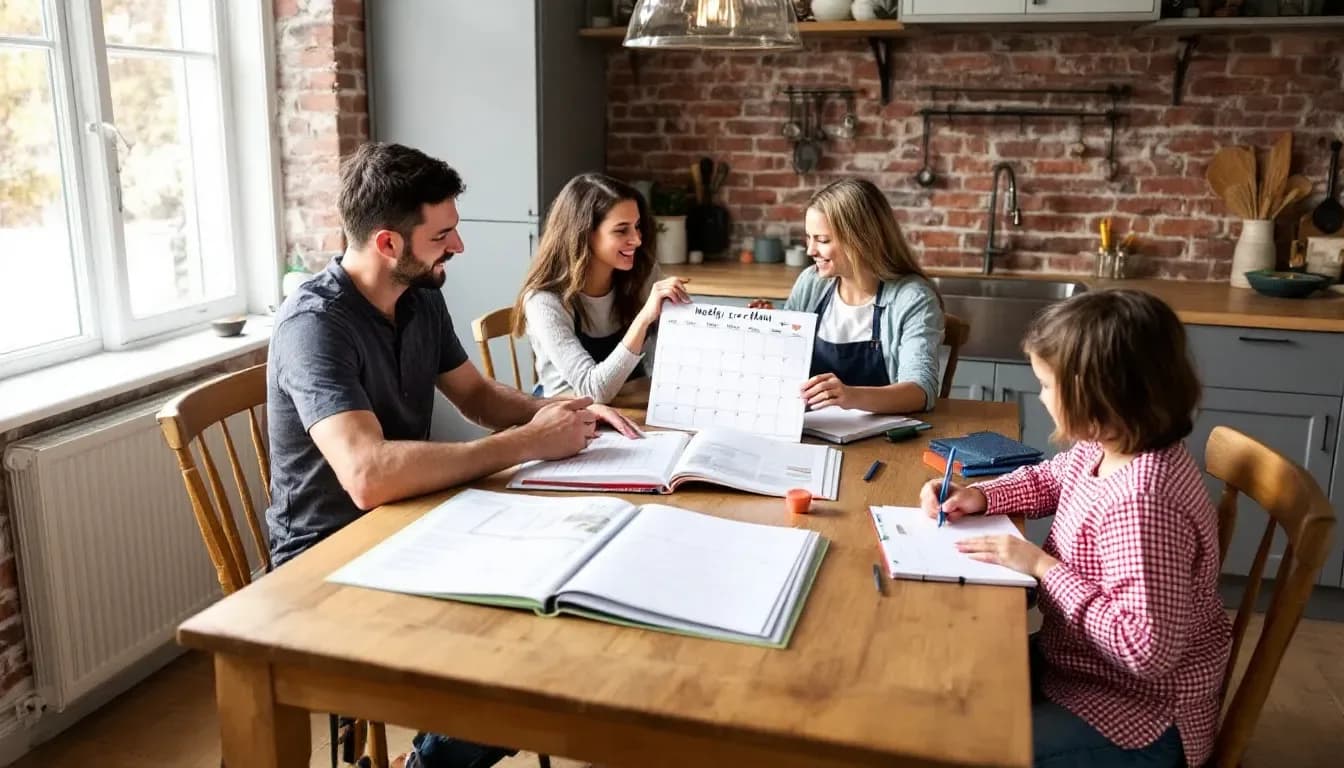 A family is gathered around a kitchen table, actively planning their weekly meals with a calendar and various recipe books. They are discussing what to include in their meal plan, aiming to organize their grocery lists and save money while preparing healthy meals for breakfast, lunch, and dinner.