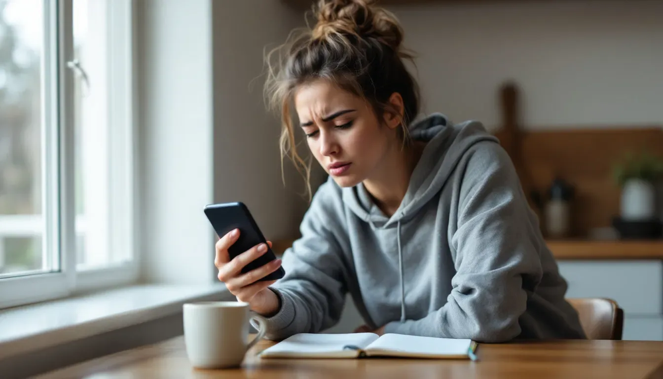 Person overwhelmed while scrolling through phone looking at meal planning options
