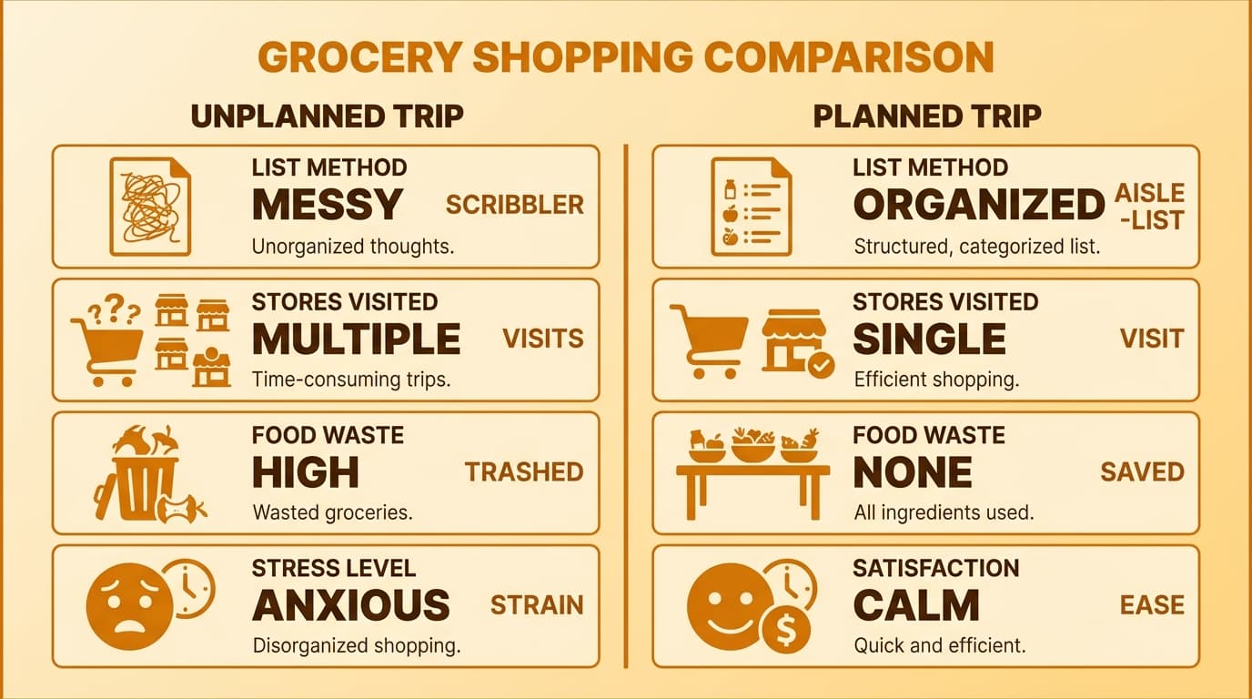 Side-by-side comparison of an unplanned grocery trip with a messy list and multiple store visits versus a planned trip with an organized aisle-by-aisle list and a single visit
