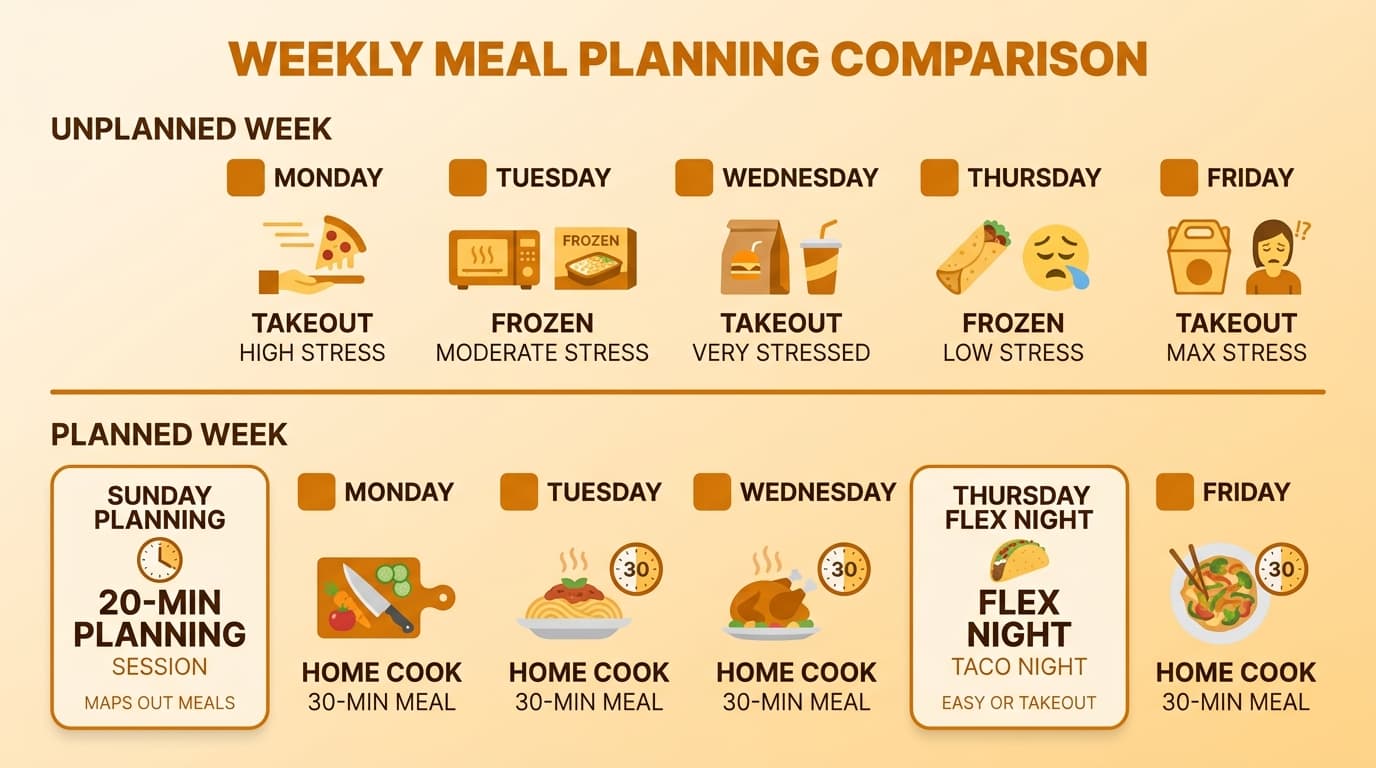 Side-by-side week timeline comparing an unplanned week full of takeout and stress versus a planned week with 20 minutes of Sunday prep and 30-minute dinners each night