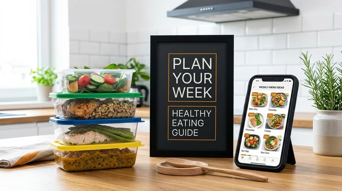 Meal prep containers stacked next to a smartphone showing weekly meal ideas.