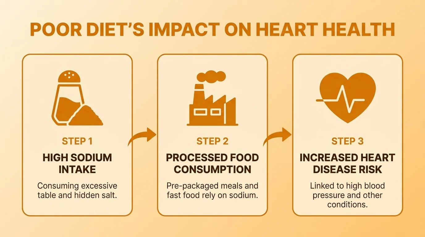 A diagram illustrates how poor diet, with high sodium and processed foods, leads to heart disease.