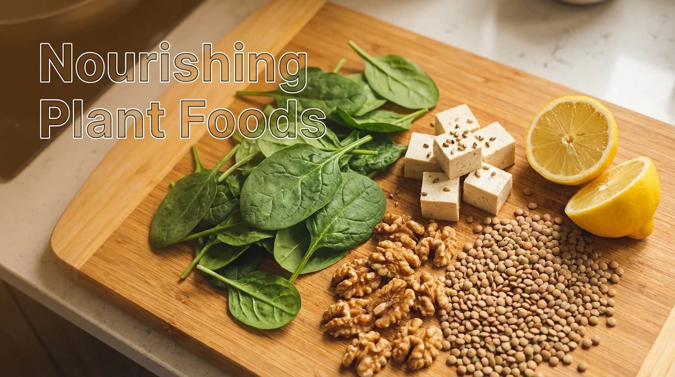 A colorful flat lay of nutrient-dense vegetarian foods like spinach, lentils, tofu, walnuts, and citrus fruits.