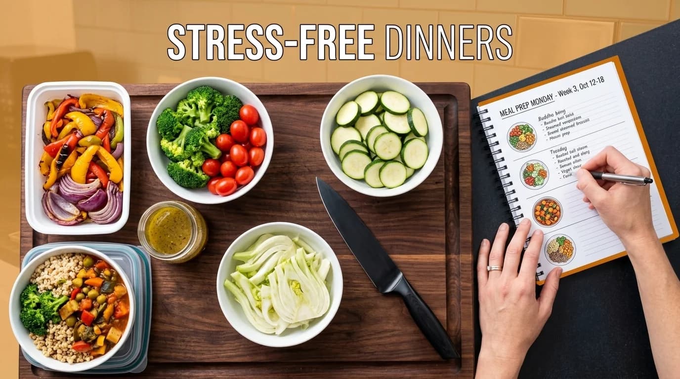 A person writing a weekly meal plan in a notebook with fresh vegetables on the table.