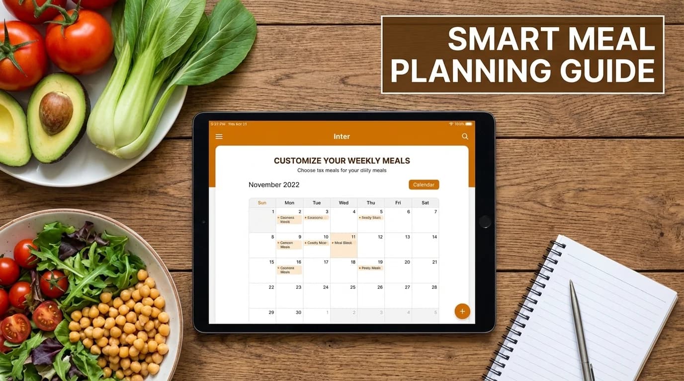 A tablet showing a meal planning app next to fresh vegetables on a wooden table.