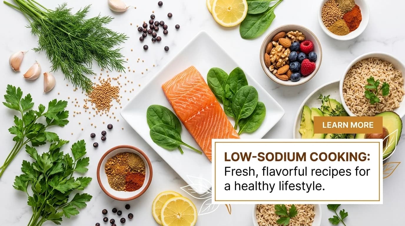 Fresh herbs, garlic, lemon, and spices used in low-sodium cooking