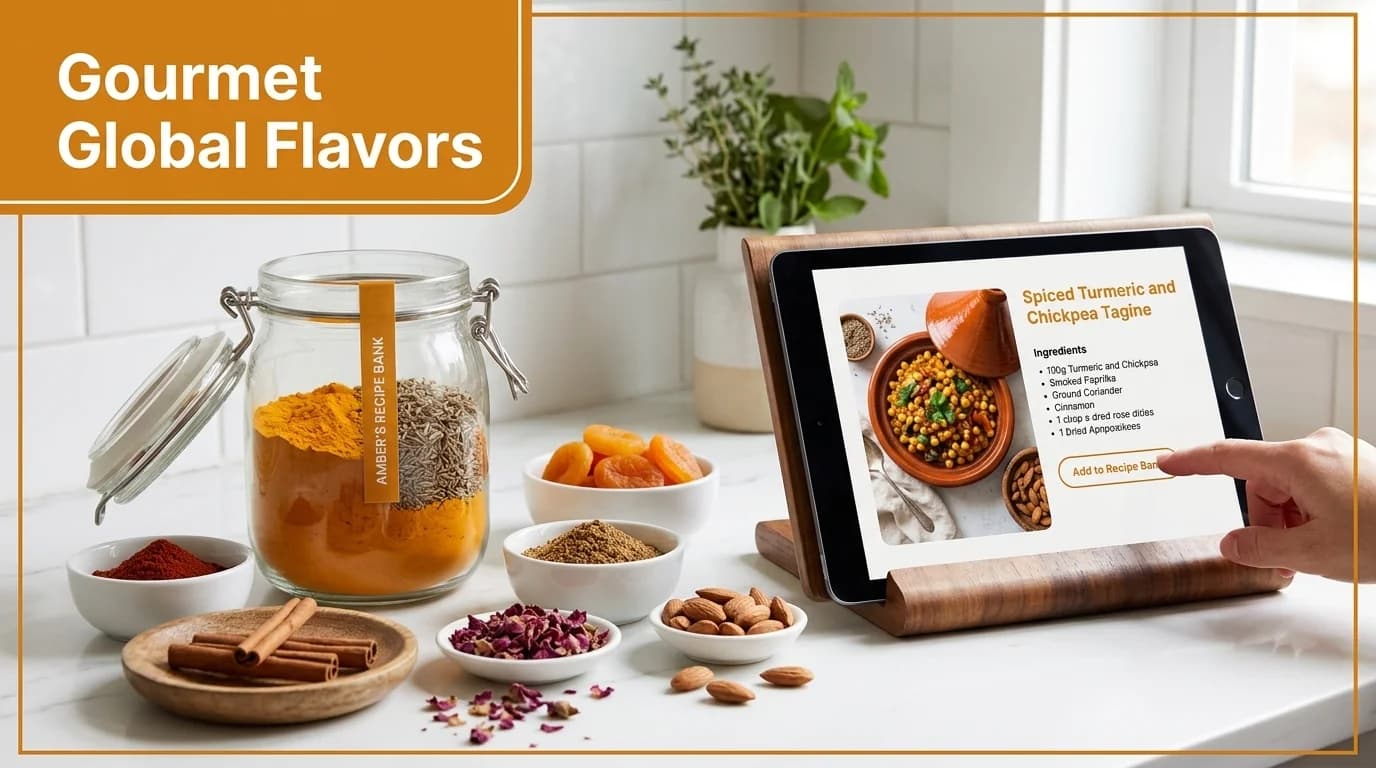 A person adding a recipe to a digital cookbook on a tablet in a bright kitchen.