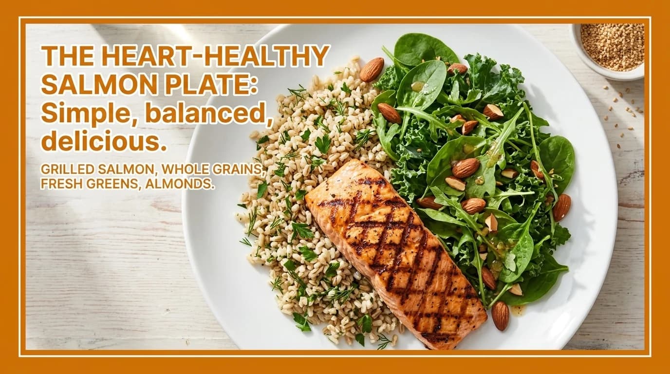 A balanced heart-healthy plate featuring grilled salmon, fresh greens, whole grains, and almonds.