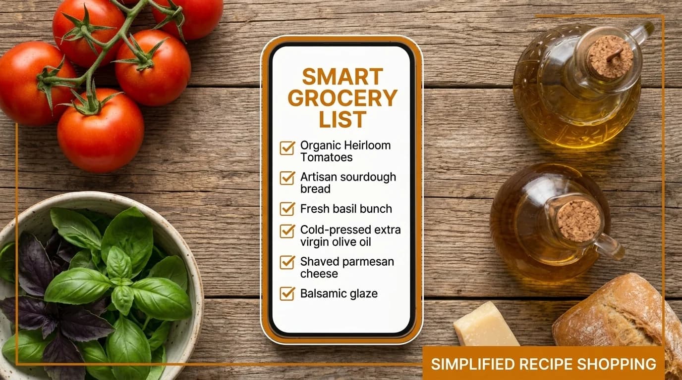 A hand holds a smartphone showing a smart grocery list app in a supermarket aisle.