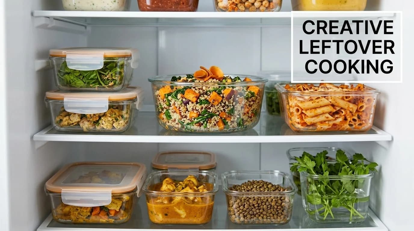 An open refrigerator filled with food containers, and a note saying 'USE LEFTOVERS' taped to a shelf.