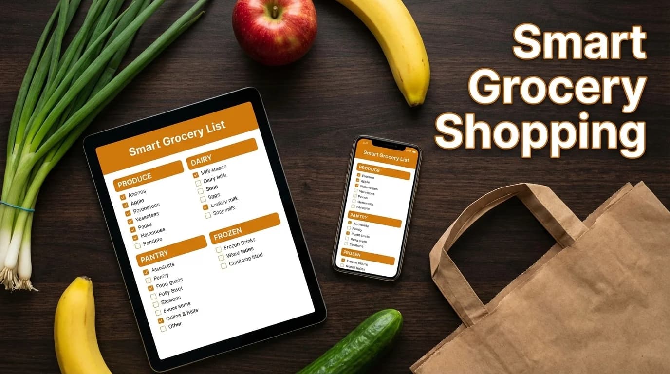 Overhead view of a smart grocery list on a tablet and phone, with fresh produce and a shopping bag.