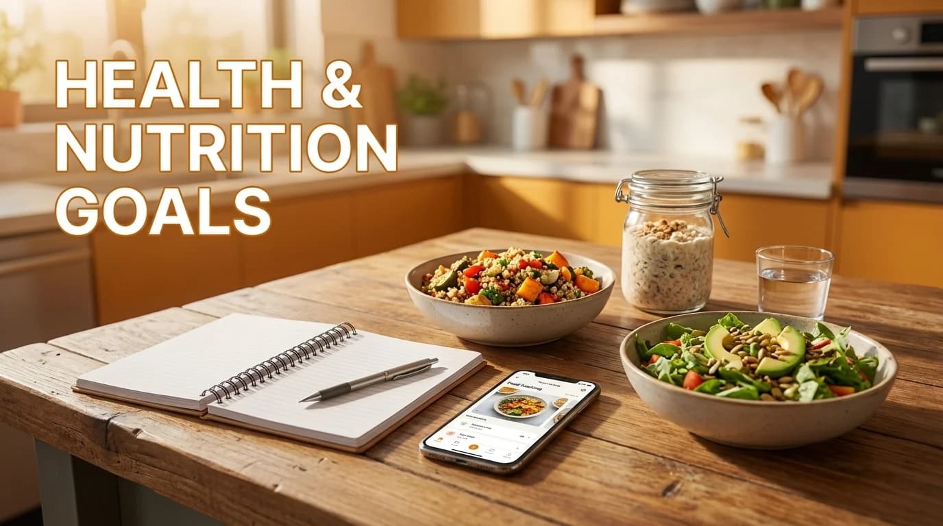 A kitchen counter with a notebook, pen, calculator, and bowls of healthy food.