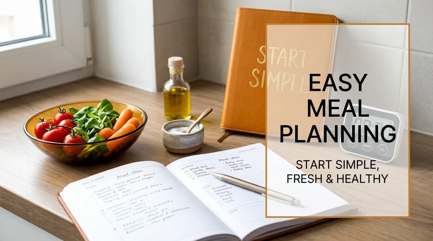 A kitchen counter with a bowl of fresh vegetables, a planner, a 'START SIMPLE' notebook, and a timer.