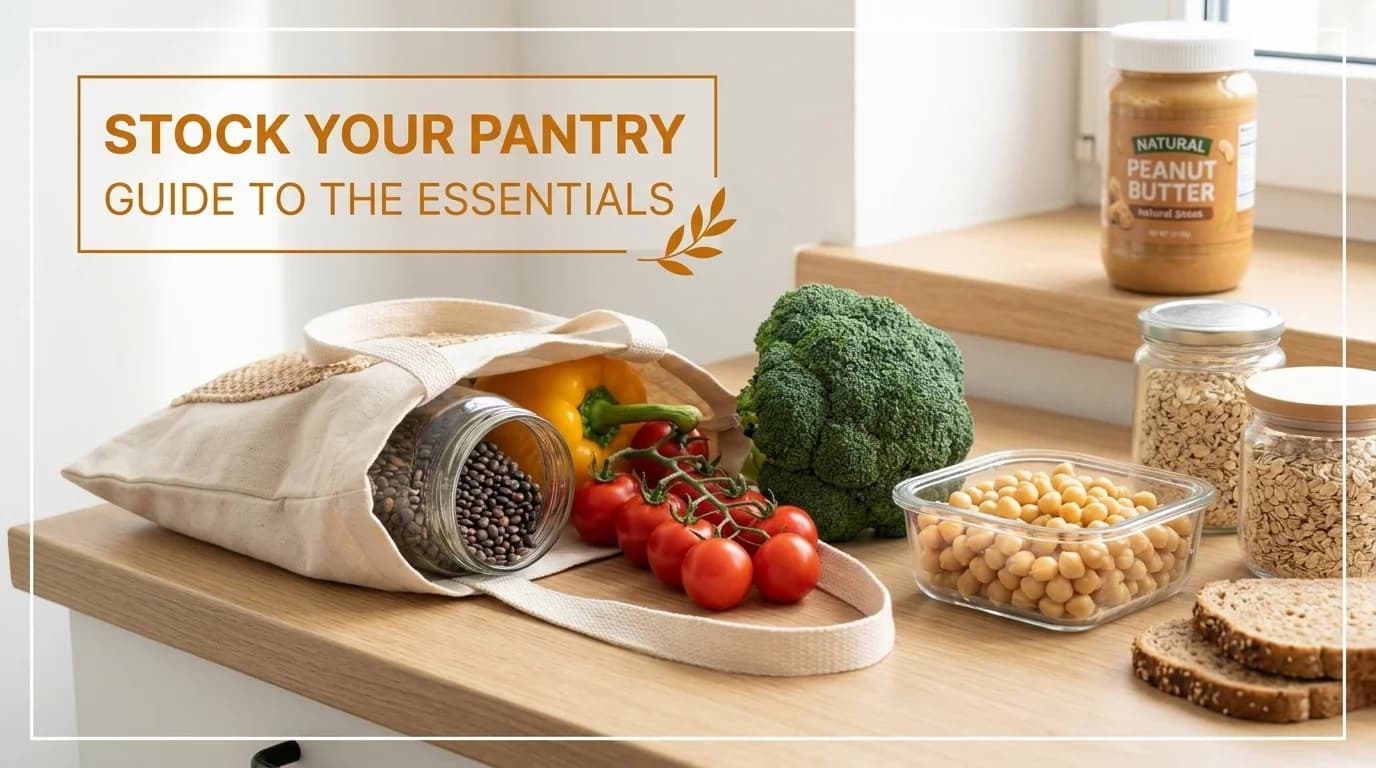 A person unpacking a grocery bag filled with fresh vegetables, lean proteins, and whole grains onto a kitchen counter.