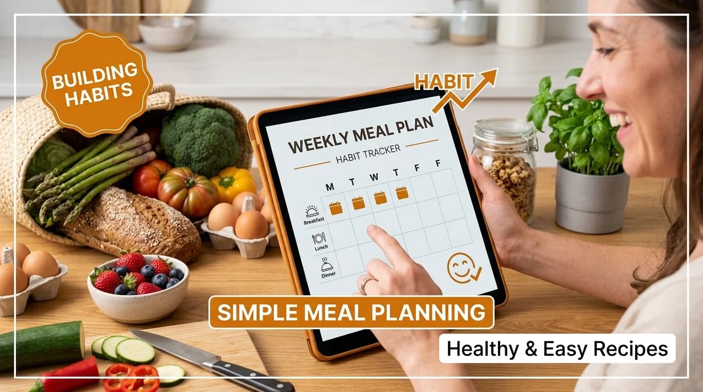 A person smiling as they use a healthy meal planning app, with a calendar and fresh groceries visible in the background.