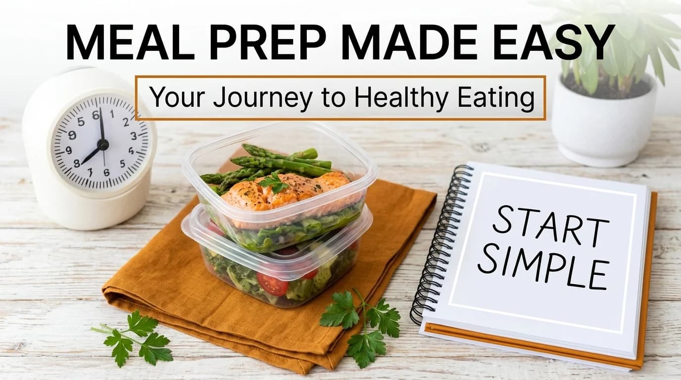 Healthy meal prep containers, an alarm clock, and a 'START SIMPLE' notebook on a wooden desk.