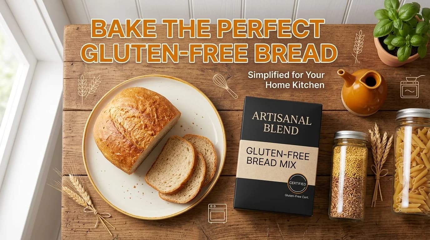 A kitchen counter with a box of Certified Gluten-free bread mix, sliced bread, pasta, and grains.
