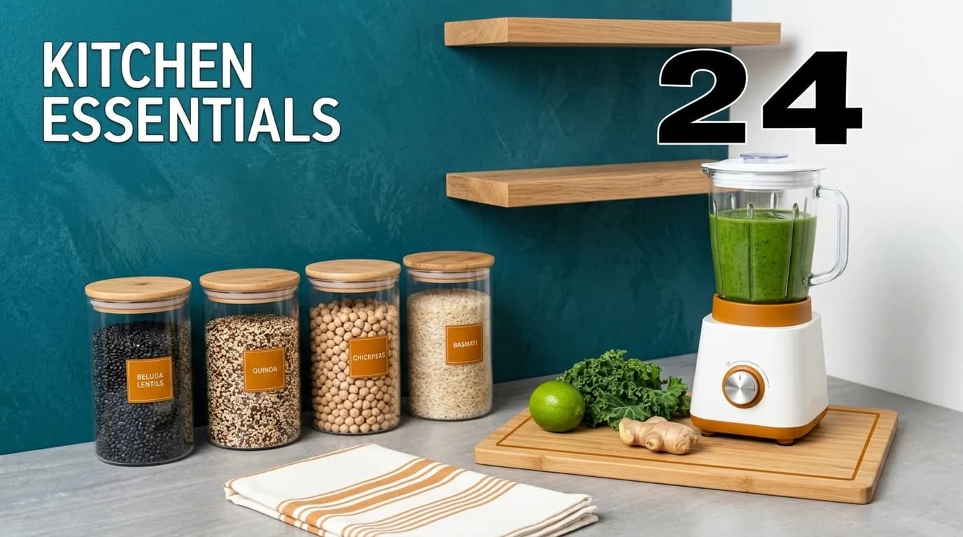 A well-organized vegetarian pantry with jars of lentils, beans, grains, and spices, along with fresh vegetables on the counter.
