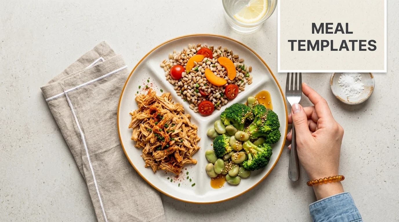 A person holds a tablet displaying three bowls of healthy, plant-based food and 'Meal Templates' text.