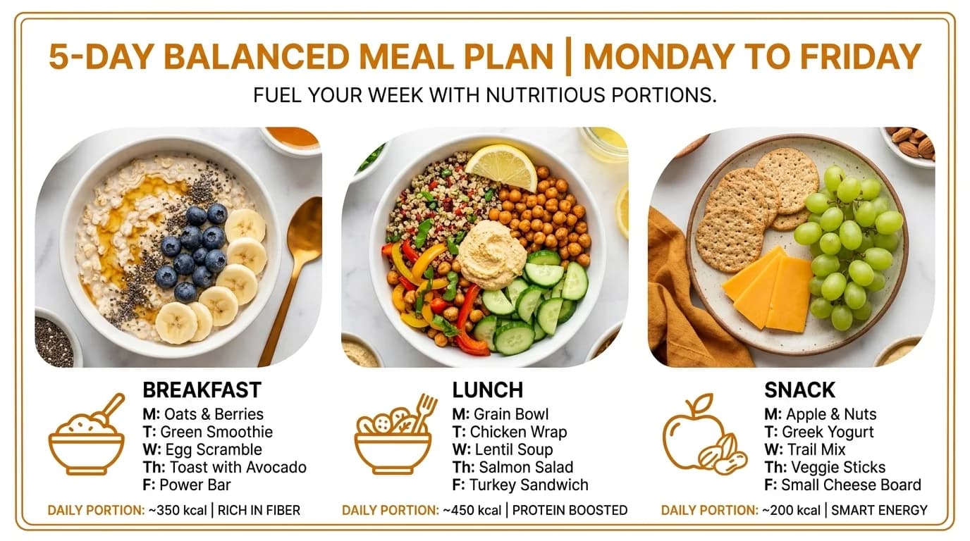 A 5-day meal plan chart outlining breakfast, lunch, and snack portions for Monday to Friday.
